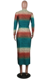 Multicolor Street Striped Patchwork O Neck Pencil Skirt Dresses