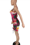 Rose Red Fashion Sexy Print Backless Strap Design Swimwears