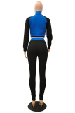 Blue Casual Solid Patchwork Zipper Collar Long Sleeve Two Pieces
