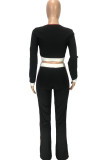 Black Polyester Fashion Casual adult Ma'am Patchwork Solid Two Piece Suits Straight Long Sleeve Two Pieces