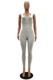 Grey Fashion Casual Patchwork Solid Draped Polyester Sleeveless Slip Jumpsuits