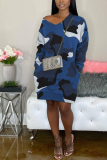 Blue Street Camouflage Print Split Joint V Neck Lantern Skirt Dresses