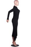 Black Polyester Street Fashion adult Cap Sleeve Long Sleeves Mandarin Collar Asymmetrical Floor-Length Pat