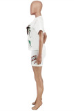 White Fashion Casual Print Basic O Neck Short Sleeve Two Pieces