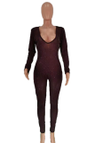 Purple Sexy Print See-through V Neck Skinny Jumpsuits