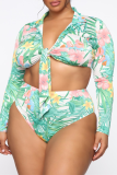 Green Sexy Print Bandage Turndown Collar Plus Size Swimwear