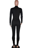Black Fashion Casual Solid Cotton Long Sleeve O Neck Jumpsuits