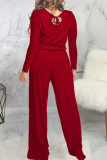 Wine Red Fashion Sexy Adult Polyester Solid Draw String O Neck Loose Jumpsuits