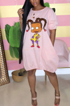 Pink Polyester Fashion adult Ma'am Street Bubble sleeves Short Sleeves O neck Lantern skirt Knee-Length Print Dresses