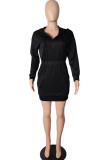 Black Fashion Casual Adult Twilled Satin Solid Draw String Hooded Collar Long Sleeve Knee Length Waist Skirt Dresses
