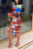 Orange Fashion Sexy Print Slit V Neck Printed Dress