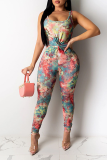 Multicolor Sexy Patchwork Tie-dye U Neck Skinny Jumpsuits
