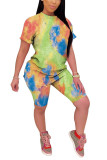Green Polyester Fashion Casual adult Patchwork Print Tie Dye Two Piece Suits Straight Short Sleeve Two Pieces