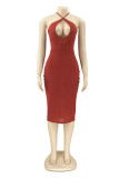 Purplish Red Fashion Sexy Solid Hollowed Out Backless Sleeveless Dress