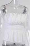 White Sweet Solid Backless Fold Strapless Mid Waist Tops