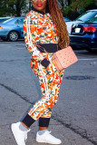 Orange Fashion Casual Print Patchwork Zipper Collar Long Sleeve Two Pieces