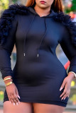 Black Fashion Sexy Solid Patchwork Hooded Collar Long Sleeve Dresses