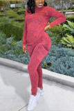Pink Casual Print O Neck Long Sleeve Two Pieces
