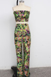 Green and yellow Polyester Sexy Patchwork Print Straight Sleeveless Two Pieces