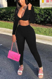 Grey Casual Solid Split Joint V Neck Long Sleeve Two Pieces
