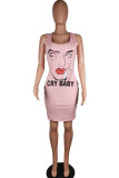 Pink Polyester Sexy White Green Pink Yellow Spaghetti Strap Sleeveless Slip Sheath Knee-Length Print Dresses