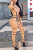 Gold Sexy Letter Plaid Print Zipper O Neck Regular Jumpsuits