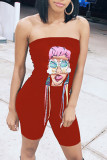 Red Sexy Casual Print Backless Strapless Skinny Romper