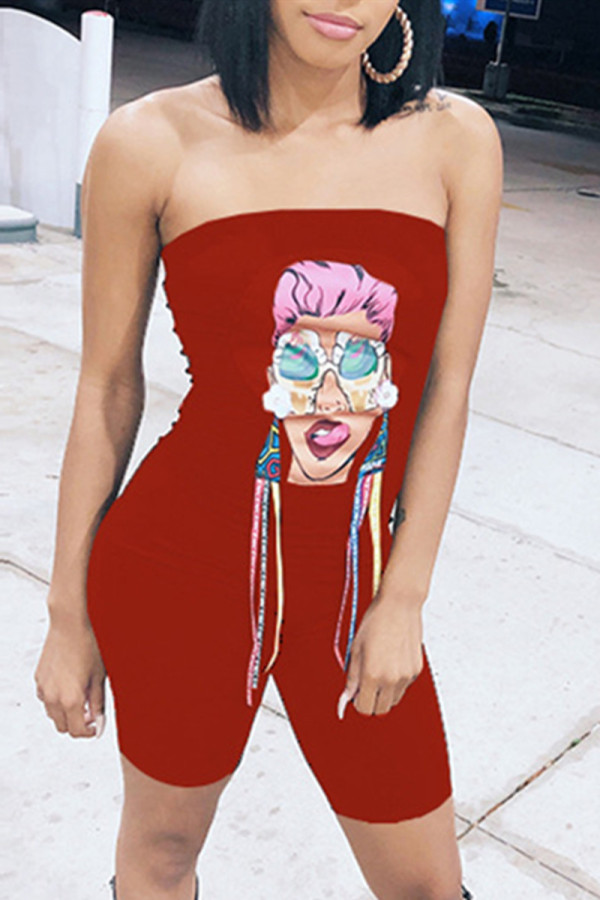 Red Sexy Casual Print Backless Strapless Skinny Romper