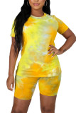 Yellow Casual O Neck Print Tie Dye Pattern Plus Size