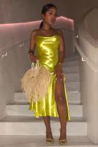 Gold Polyester Sexy Fashion Spaghetti Strap Sleeveless Slip Asymmetrical Mid-Calf split Sequin Draped Sol