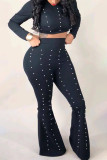 Black Sexy Solid Split Joint O Neck Long Sleeve Two Pieces