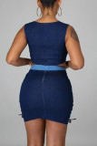 Blue Fashion Sexy Patchwork Strap Design V Neck Sleeveless Two Pieces