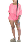 Pink Polyester Fashion Sexy adult Ma'am Patchwork Solid Two Piece Suits Straight Half Sleeve Two Pieces