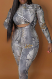 Grey Sexy Print Hollowed Out Turtleneck Long Sleeve Two Pieces