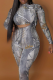 Grey Sexy Print Hollowed Out Turtleneck Long Sleeve Two Pieces