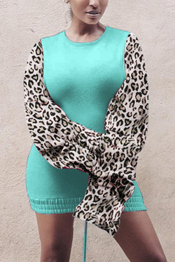 Lake Blue Fashion Sexy Leopard Patchwork O Neck Long Sleeve Dress