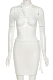White Sexy Solid Split Joint Off the Shoulder Short Sleeve Two Pieces