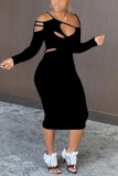 Black Fashion Sexy Solid Hollowed Out Long Sleeve Dress