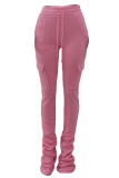 Pink Casual Solid Pocket Fold Boot Cut Patchwork Bottoms