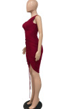 Wine Red Fashion Celebrities adult Ma'am Tank Sleeveless O neck Step Skirt Knee-Length Solid Draped Dresses