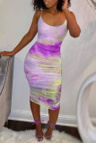 purple Sexy Spaghetti Strap Sleeveless Slip A-Line Print Mesh Draped Dresses