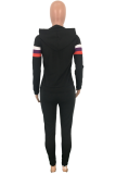 Grey Casual Striped Patchwork Hooded Collar Long Sleeve Two Pieces