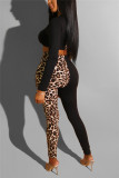 Black Fashion Sexy Print Patchwork V Neck Long Sleeve Two Pieces