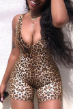 Tiger Pattern Sexy Animal Print Split Joint V Neck Skinny Jumpsuits
