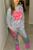 Grey Fashion Casual Letter Print Basic O Neck Long Sleeve Two Pieces