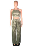Army Green Polyester Street Solid Loose Short Sleeve Two Pieces