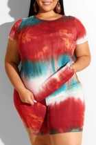 Red Polyester Fashion Casual O Neck Tie Dye Plus Size