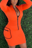 Orange Sexy Zipper Split Joint O Neck Pencil Skirt Dresses