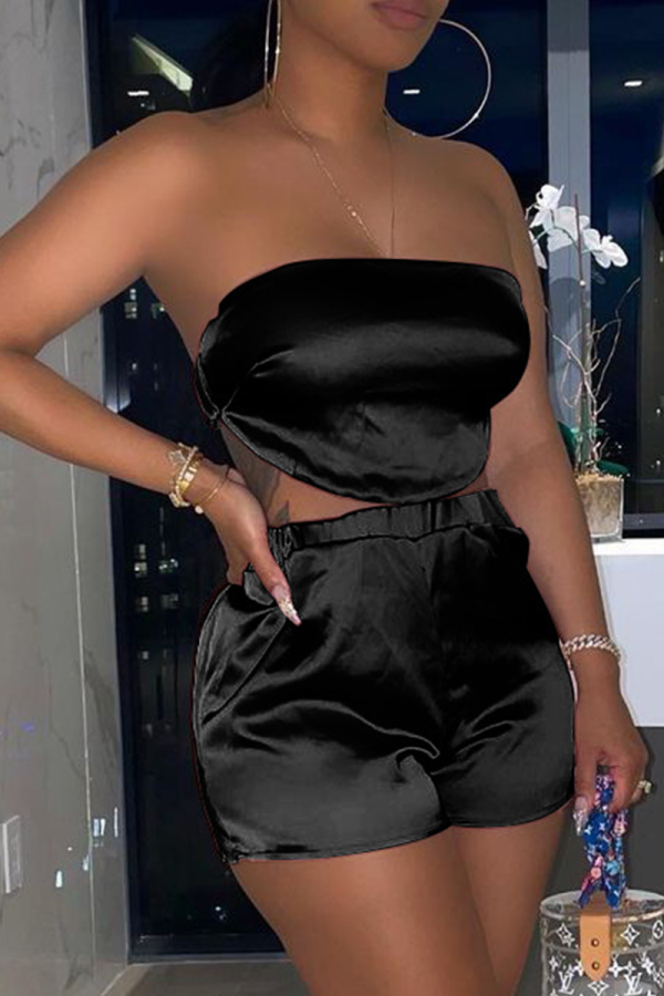 Black Sexy Solid Patchwork Strapless Sleeveless Two Pieces