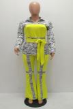 Yellow Polyester adult OL Fashion Bandage Print Two Piece Suits Patchwork contrast color Loose Long Sleeve